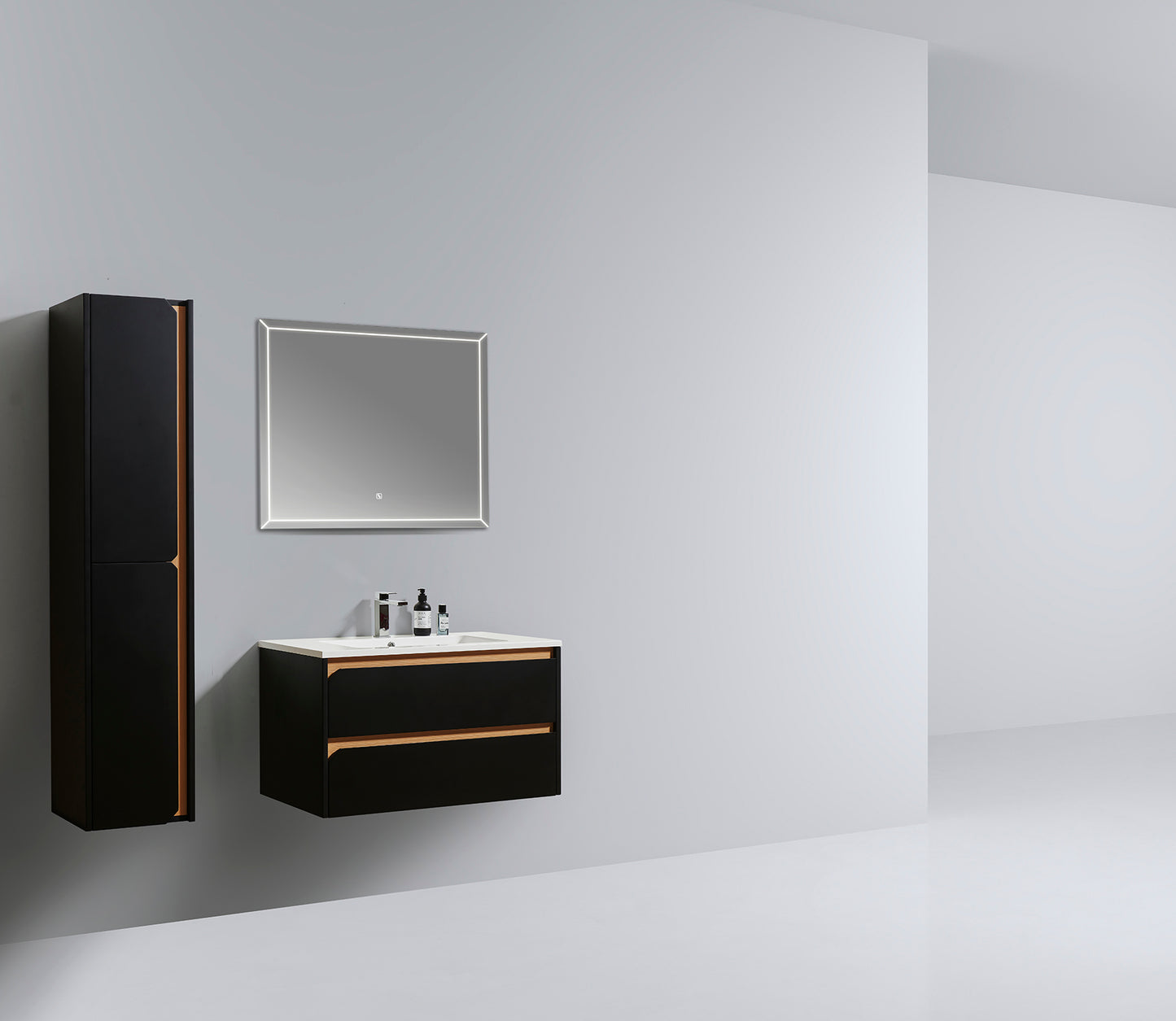 Elite 36" Wall-Mounted Vanity — Matte Black & Natural Oak