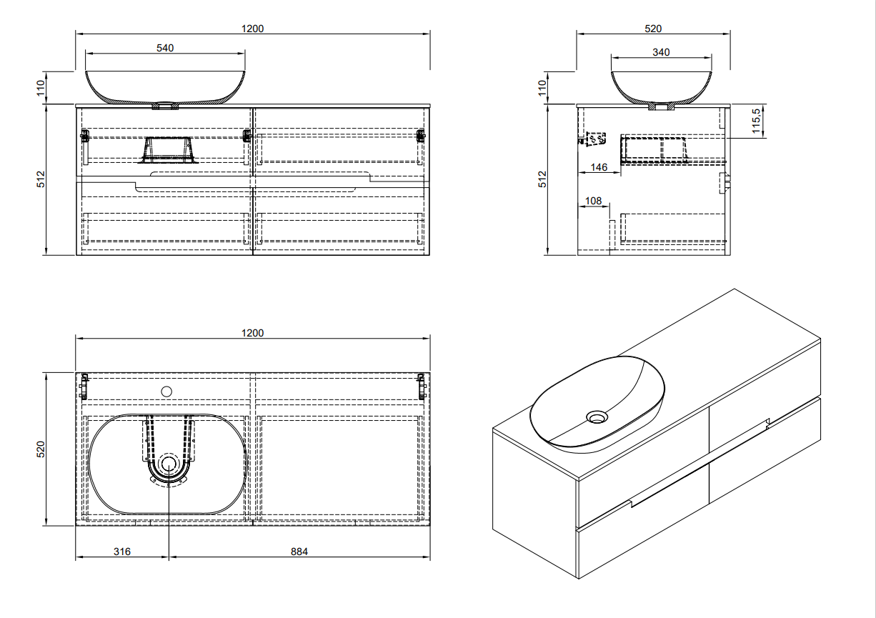 Evos Boutiques 48 in green vanity diagram