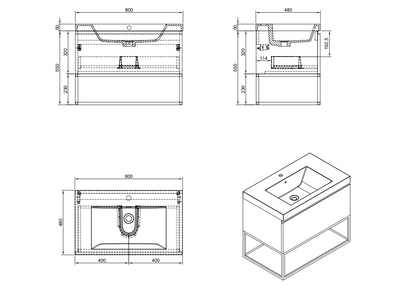 Evos Boutiques 32 in freestanding vanity with black top diagram