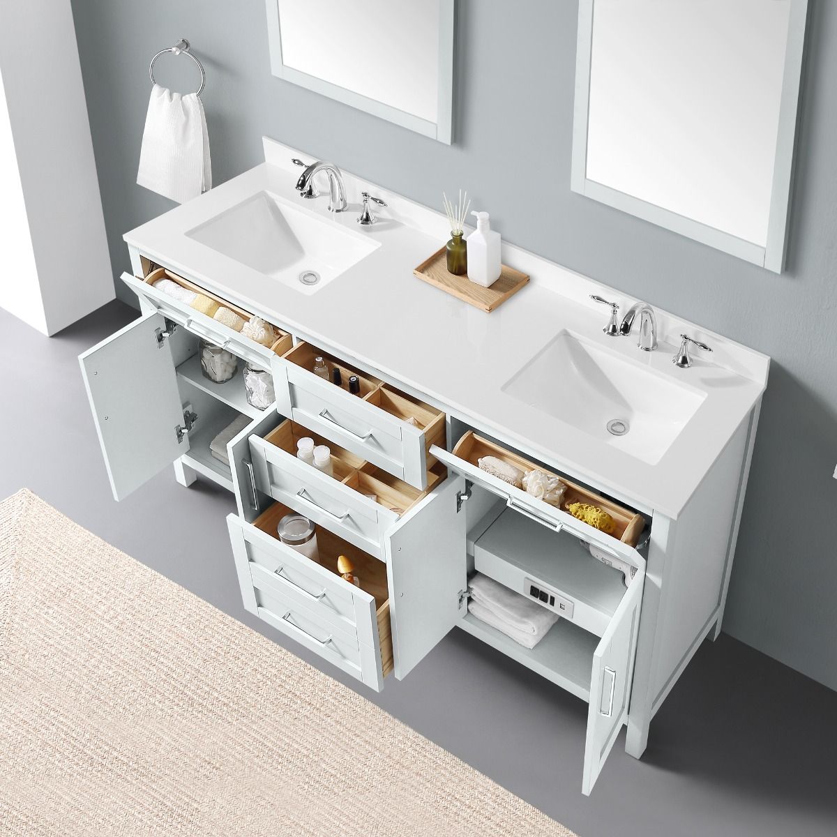 Evos Boutiques 72 en tiroirs de vanité gris ouverts