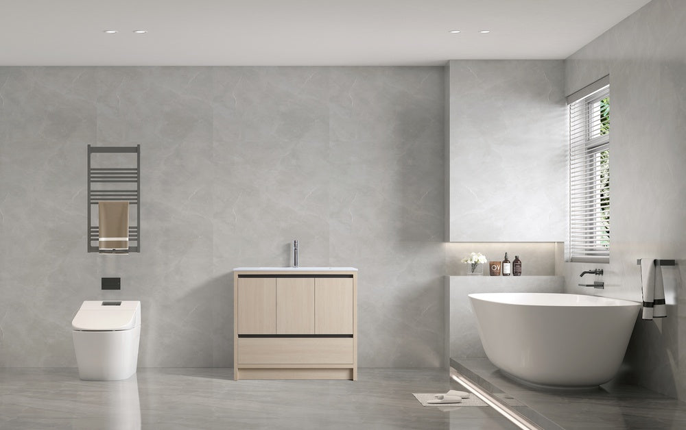 Surprise Vanité 40" cabinet chêne blanc et bassin de résine vue loin