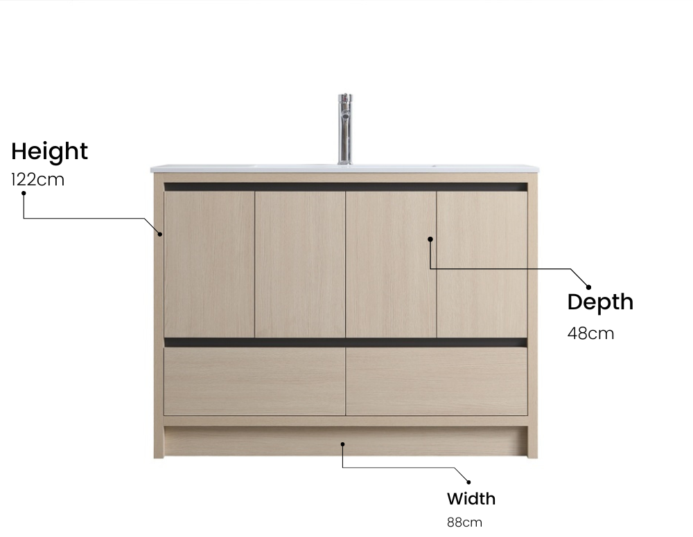 Surprise Vanité 48" cabinet chêne blanc et bassin de résine details