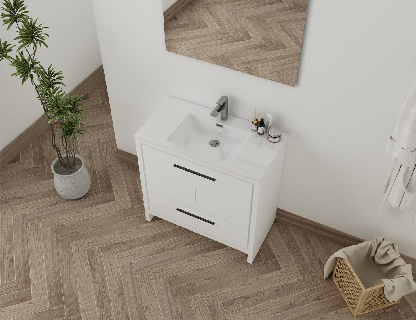 monako 36" blanc lustré 2 portes 1 tiroirs vue coté